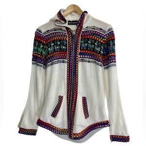 Kiss My Alpaca white knit zip up hoodie w/ alpaca frieze pattern